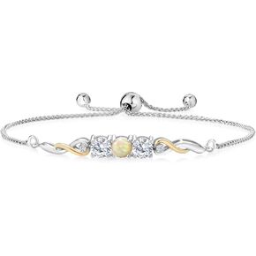925 Sterling Silver and 10K Yellow Gold White Ethiopian Opal White Moissanite and White Lab Grown Diamond Tennis Bracelet For Women (1.32 Cttw, Gemstone Birthstone, Fully Adjustable Up to 9 Inch)