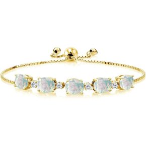 Gem Stone King 18K Yellow Gold Plated Silver Oval Cabochon White Simulated Opal and White Topaz Tennis Bracelet For Women (5.34 Cttw, Fully Adjustable Up to 9 Inch)
