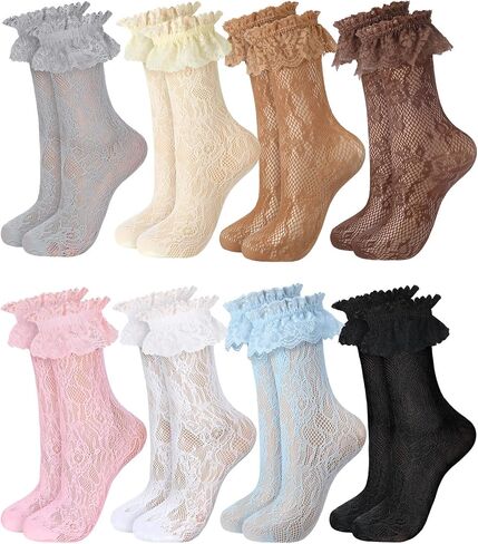 8 Pairs Women Lace Socks Ruffle Frilly Ankle Socks Women Cute Lolita Socks Lace Trim Socks for Girls Ladies in Saudi Arabia