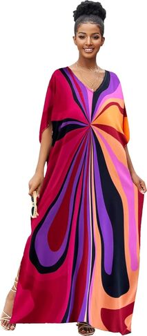 RanRui Floral Print Kaftan Dresses for Women Ethnic Boho Print swim cover up Batwing Sleeve Vneck Caftans in Kuwait