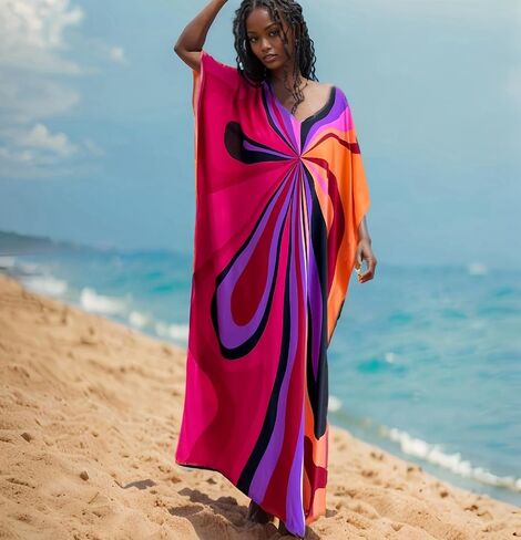 RanRui Floral Print Kaftan Dresses for Women Ethnic Boho Print swim cover up Batwing Sleeve Vneck Caftans in Kuwait