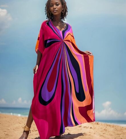 RanRui Floral Print Kaftan Dresses for Women Ethnic Boho Print swim cover up Batwing Sleeve Vneck Caftans in Kuwait