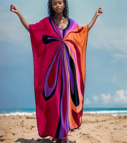 RanRui Floral Print Kaftan Dresses for Women Ethnic Boho Print swim cover up Batwing Sleeve Vneck Caftans in Kuwait