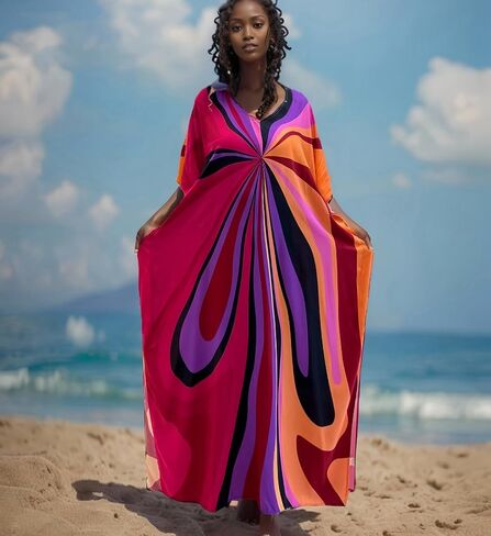 RanRui Floral Print Kaftan Dresses for Women Ethnic Boho Print swim cover up Batwing Sleeve Vneck Caftans in Kuwait