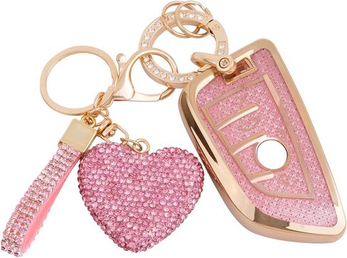 Compatiable with BMW key fob cover with Diamond Bling Keychain, Car Accessories Key holder Shell Compatiable with BMW X1 X2 X3 X5 X6 X7 GT and Series 2 3 4 5 6 7 8,Gold Pink in Saudi Arabia