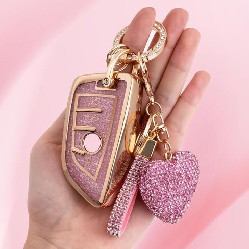 Compatiable with BMW key fob cover with Diamond Bling Keychain, Car Accessories Key holder Shell Compatiable with BMW X1 X2 X3 X5 X6 X7 GT and Series 2 3 4 5 6 7 8,Gold Pink in Saudi Arabia