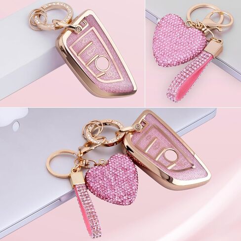 Compatiable with BMW key fob cover with Diamond Bling Keychain, Car Accessories Key holder Shell Compatiable with BMW X1 X2 X3 X5 X6 X7 GT and Series 2 3 4 5 6 7 8,Gold Pink in Saudi Arabia