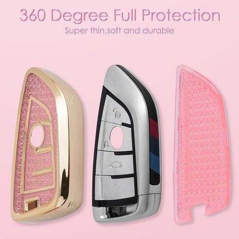 Compatiable with BMW key fob cover with Diamond Bling Keychain, Car Accessories Key holder Shell Compatiable with BMW X1 X2 X3 X5 X6 X7 GT and Series 2 3 4 5 6 7 8,Gold Pink in Saudi Arabia
