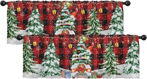 2 حزمة الستائر نافذة العلاجات، عيد ميلاد سعيد جنوم الأحمر منقوشة شجرة الستائر الستائر الستار قابل للتعديل للنوافذ غرفة المعيشة المطبخ بالوعة أعلاه، 18x52 بوصة قضيب جيب الستائر in Kuwait