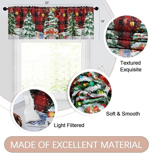 2 حزمة الستائر نافذة العلاجات، عيد ميلاد سعيد جنوم الأحمر منقوشة شجرة الستائر الستائر الستار قابل للتعديل للنوافذ غرفة المعيشة المطبخ بالوعة أعلاه، 18x52 بوصة قضيب جيب الستائر in Kuwait