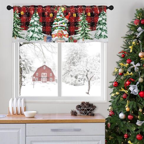 2 حزمة الستائر نافذة العلاجات، عيد ميلاد سعيد جنوم الأحمر منقوشة شجرة الستائر الستائر الستار قابل للتعديل للنوافذ غرفة المعيشة المطبخ بالوعة أعلاه، 18x52 بوصة قضيب جيب الستائر in Kuwait