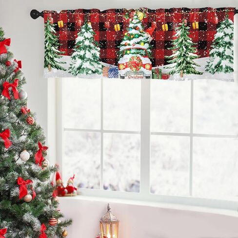 2 حزمة الستائر نافذة العلاجات، عيد ميلاد سعيد جنوم الأحمر منقوشة شجرة الستائر الستائر الستار قابل للتعديل للنوافذ غرفة المعيشة المطبخ بالوعة أعلاه، 18x52 بوصة قضيب جيب الستائر in Kuwait