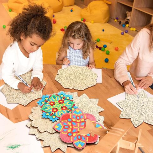22 حزمة من مجموعة ماندالا الخشبية DIY، 10 قطع خشبية غير مكتملة من ماندالا، 12 علامة ماندالا خشبية لتلوين مجموعات طلاء ماندالا الخشبية للبالغين، أعمال يدوية لتزيين المنزل (نمط الأزهار) in Saudi Arabia