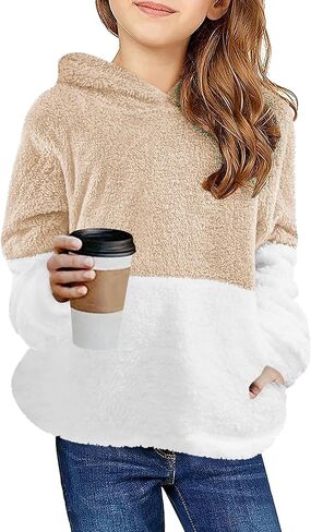 سترة Arshiner للفتيات بغطاء للرأس من الصوف الغامض بلوفر شيربا مع جيوب كانجارو 4-15 سنة in Kuwait