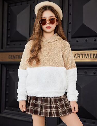 سترة Arshiner للفتيات بغطاء للرأس من الصوف الغامض بلوفر شيربا مع جيوب كانجارو 4-15 سنة in Kuwait