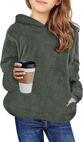 Arshiner Girls Fuzzy Fleece Hoodies Casual Sweatshirt Sherpa Pullover with Kangaroo Pockets 4-15 Years in Saudi Arabia