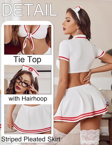 Avidlove Women Lingerie Sexy Roleplay Lingerie Set Nurse Cosplay Lingerie Outfits with Tie Top and Mini Pleated Skirt Set in Kuwait