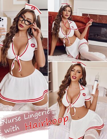Avidlove Women Lingerie Sexy Roleplay Lingerie Set Nurse Cosplay Lingerie Outfits with Tie Top and Mini Pleated Skirt Set in Kuwait