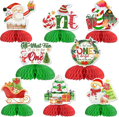 Christmas First 1st Birthday Decorations, 8pcs Christmas Honeycomb Centerpieces for Oh What Fun It Is to Be On And It's The Most Onederful Time of The Year Xmas Winter Holiday 1st Birthday in Saudi Arabia