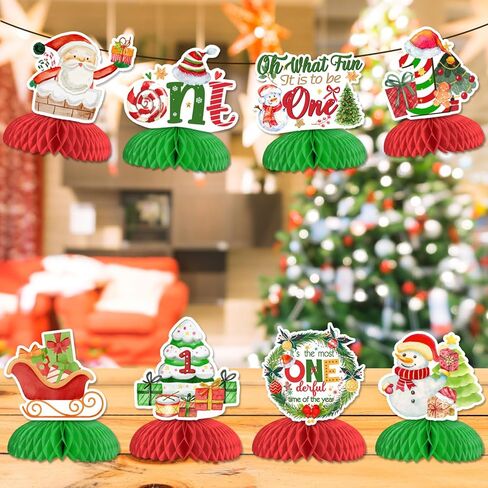 Christmas First 1st Birthday Decorations, 8pcs Christmas Honeycomb Centerpieces for Oh What Fun It Is to Be On And It's The Most Onederful Time of The Year Xmas Winter Holiday 1st Birthday in Saudi Arabia