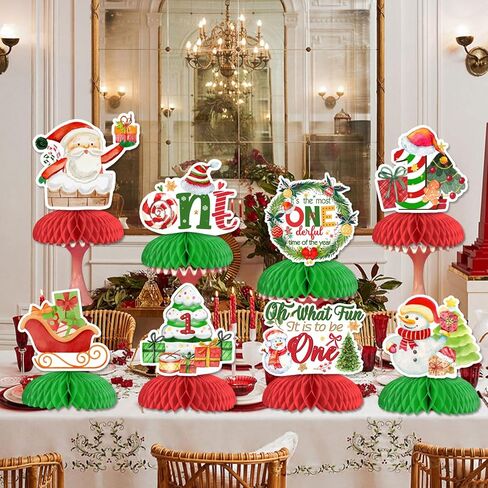 Christmas First 1st Birthday Decorations, 8pcs Christmas Honeycomb Centerpieces for Oh What Fun It Is to Be On And It's The Most Onederful Time of The Year Xmas Winter Holiday 1st Birthday in Saudi Arabia