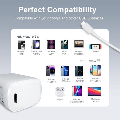 35W Dual USB-C Port - Compact Power Adapter Foldable USB Type C Plug Fast Wall Charger with 2Pcs 5FT C to L, C to C Charging Cord for iPhone 14 13 12 11 Pro Max Plus Mini, iPad, MacBook Air in Kuwait