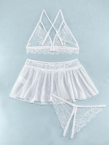 Lilosy طقم لانجري دانتيل بتنورة شبكية مثيرة مكون من 3 قطع in Kuwait