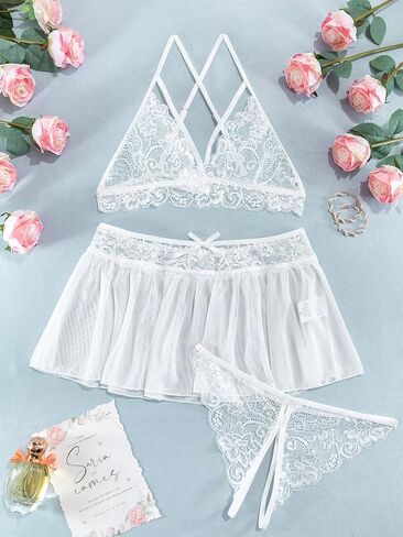 Lilosy طقم لانجري دانتيل بتنورة شبكية مثيرة مكون من 3 قطع in Kuwait