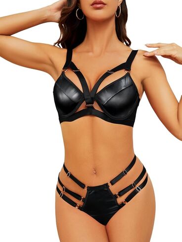 Lilosy Sexy Strappy Underwire Push Up O Ring Linked Harness Women Lingerie Set Bra Panty 2 Piece in Kuwait