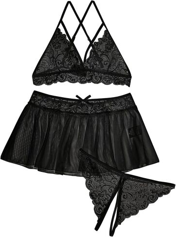 Lilosy Sexy Mesh Skirt Floral Lace Lingerie Set 3 piece in Saudi Arabia