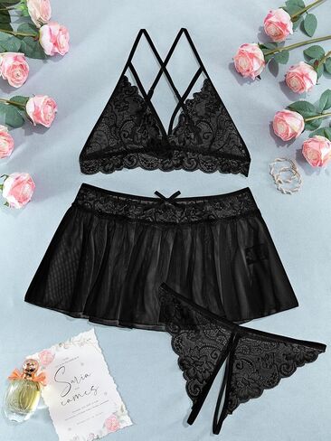 Lilosy Sexy Mesh Skirt Floral Lace Lingerie Set 3 piece in Saudi Arabia