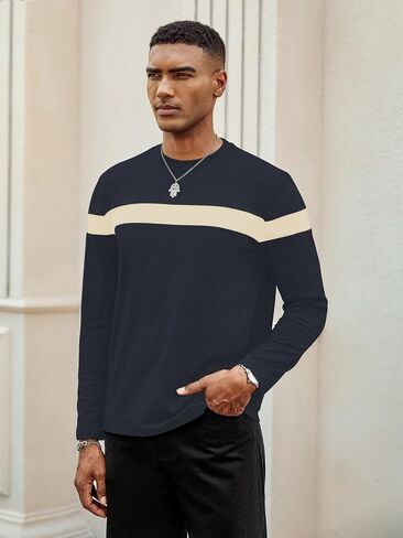 Hardaddy Men's Long Sleeve Tee Shirts Color Block Tee Pullover Casual Basic Shirts in Kuwait