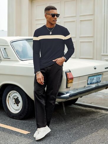 Hardaddy Men's Long Sleeve Tee Shirts Color Block Tee Pullover Casual Basic Shirts in Kuwait
