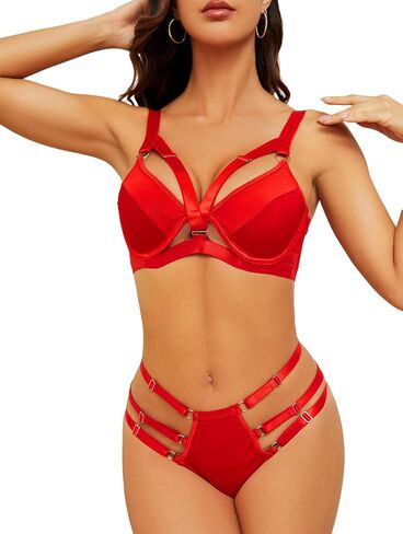 Lilosy Sexy Strappy Underwire Push Up O Ring Linked Harness Women Lingerie Set Bra Panty 2 Piece in Kuwait