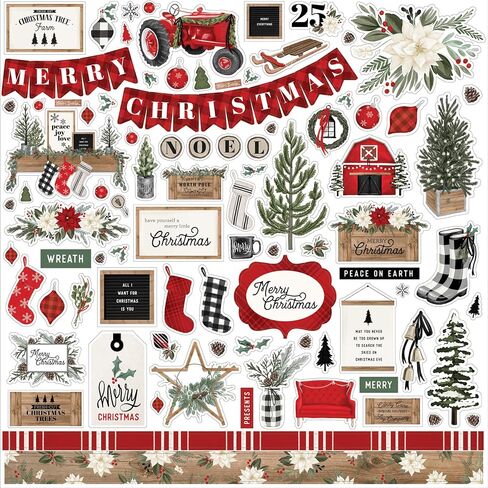 ملصق Carta Bella Paper Company Farmhouse Christmas Element، أحمر، أخضر، أسود، حبيبات خشبية، كريمي 12 × 12 بوصة in Saudi Arabia