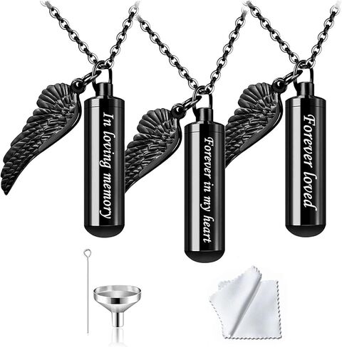 3 Pack Cylinder Urn Necklaces for Ashes Memorial Keepsake Pendant with Angel Wing Charm Necklace Stainless Steel Waterproof Cremation Jewelry for Ashes Locket Pendant-Forever Loved in Kuwait