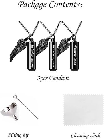 3 Pack Cylinder Urn Necklaces for Ashes Memorial Keepsake Pendant with Angel Wing Charm Necklace Stainless Steel Waterproof Cremation Jewelry for Ashes Locket Pendant-Forever Loved in Kuwait
