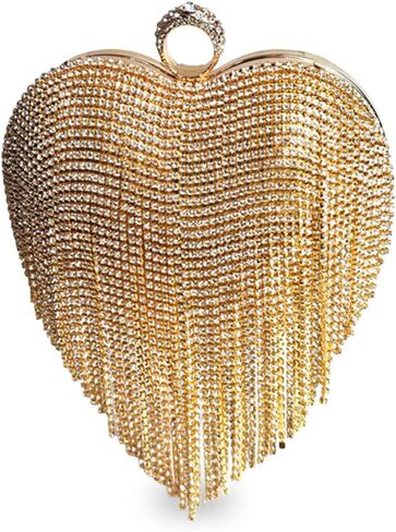 Women Luxury Heart Shape Tassel Evening Clutch Bag Rhinestone Handbag Bridal Wedding Purse in Kuwait