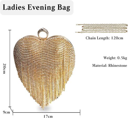 Women Luxury Heart Shape Tassel Evening Clutch Bag Rhinestone Handbag Bridal Wedding Purse in Kuwait