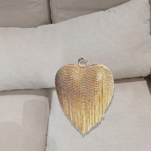 Women Luxury Heart Shape Tassel Evening Clutch Bag Rhinestone Handbag Bridal Wedding Purse in Kuwait