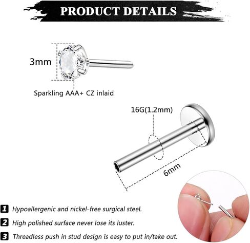 Besteel 28 Pcs Threadless Nose Rings Studs Set CZ Opal Surgical Steel Lip Nostril Labret Monroe Medusa Piercing Jewelry Push in Tragus Conch Helix Flat Back Earrings for Women Men 16G 18G 20G 6/8mm in Kuwait