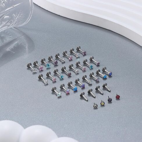 Besteel 28 Pcs Threadless Nose Rings Studs Set CZ Opal Surgical Steel Lip Nostril Labret Monroe Medusa Piercing Jewelry Push in Tragus Conch Helix Flat Back Earrings for Women Men 16G 18G 20G 6/8mm in Kuwait