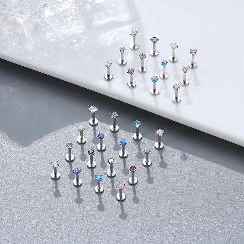 Besteel 28 Pcs Threadless Nose Rings Studs Set CZ Opal Surgical Steel Lip Nostril Labret Monroe Medusa Piercing Jewelry Push in Tragus Conch Helix Flat Back Earrings for Women Men 16G 18G 20G 6/8mm in Kuwait