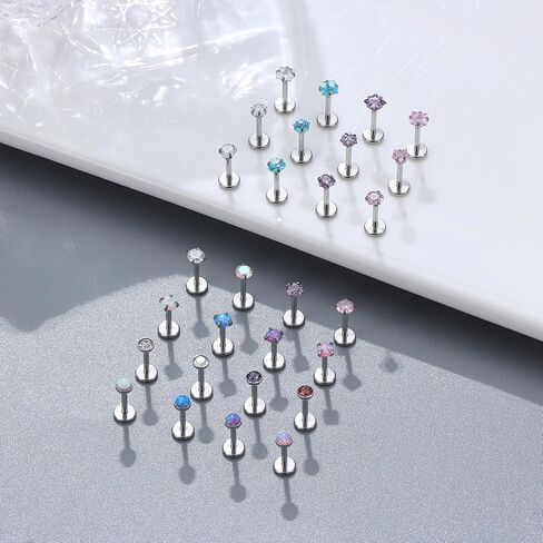 Besteel 28 Pcs Threadless Nose Rings Studs Set CZ Opal Surgical Steel Lip Nostril Labret Monroe Medusa Piercing Jewelry Push in Tragus Conch Helix Flat Back Earrings for Women Men 16G 18G 20G 6/8mm in Kuwait
