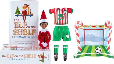 مجموعة صندوق تقاليد عيد الميلاد The Elf on the Shelf مع Elf (فتى ذو لون داكن)، وكتاب قصص وهدف القطب الشمالي وإكسسوارات Gear Claus Couture (حزمة متعددة العناصر) in Kuwait