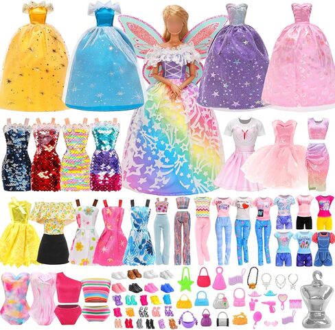 110 قطعة من ملابس الدمى وإكسسواراتها، فساتين عصرية، قمصان علوية، بناطيل، ملابس للحفلات، فساتين صغيرة، ملابس سباحة، أحذية بيكيني، شماعات أجنحة الأميرة، حقيبة يد لدمية مقاس 11.5 بوصة in Kuwait