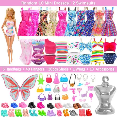 110 قطعة من ملابس الدمى وإكسسواراتها، فساتين عصرية، قمصان علوية، بناطيل، ملابس للحفلات، فساتين صغيرة، ملابس سباحة، أحذية بيكيني، شماعات أجنحة الأميرة، حقيبة يد لدمية مقاس 11.5 بوصة in Kuwait