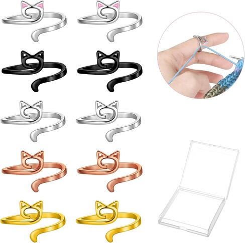 10 PCS Crochet Ring for Finger with Box Cat Ears Metal Open Crochet Rings Adjustable Yarn Tension Loop Ring 5 Colors Crochet Tension Ring for Mother Grandma in Saudi Arabia