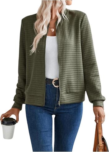 GORGLITTER Women's Bomber Shacket Jackets Long Sleeve Waffle Knit Zip Up Jacket Shirt Top in Saudi Arabia