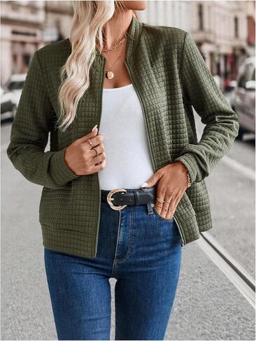 GORGLITTER Women's Bomber Shacket Jackets Long Sleeve Waffle Knit Zip Up Jacket Shirt Top in Saudi Arabia